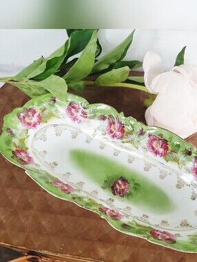 Antique E&R Germany Green & Pink Gold Trimmed Relish Celery Dish